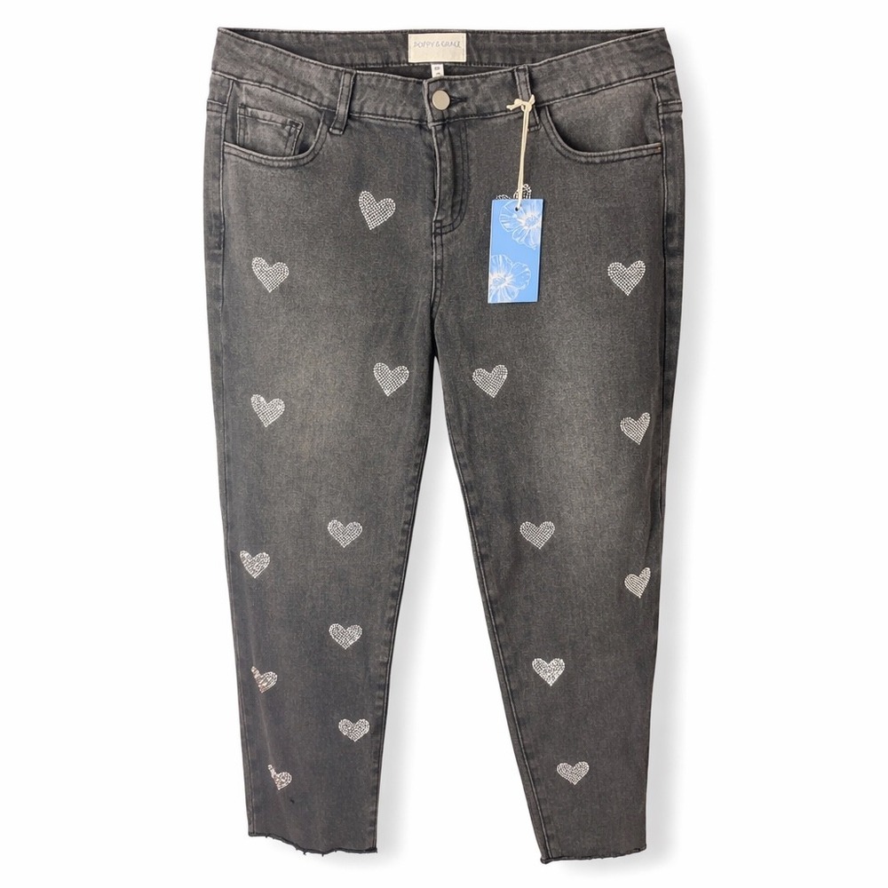 Poppy & Grace‎ Gray Rhinestone Heart Raw Hem Skinny Jeans Womens Size 29 NEW